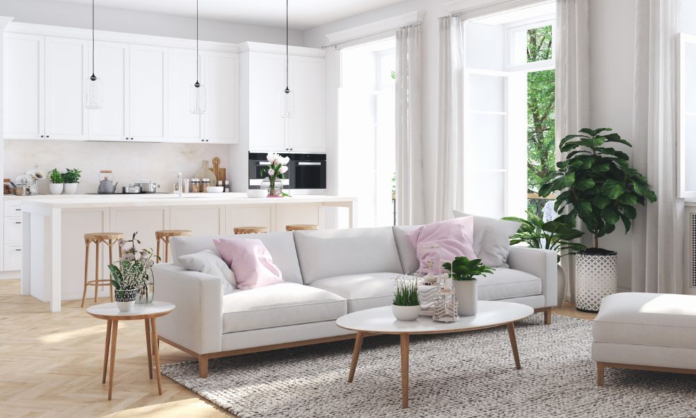 white themed kitchen area and sofa in the front